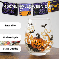 Verre à vin sans pied Halloween, motif citrouille Jack O'Lantern et chauve-souris, en verre transparent, pour fêtes d'automne, cadeau