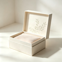 Coffret Cadeau de Luxe Minimaliste Beige Fait Main Écologique, Ensemble d'Emballage Artistique avec Poignée en Cuir Personnalisée et Motif Feuille en Relief pour Bijoux