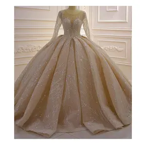 GORGEOUS LONG BALL GOWN BATEAU CRYSTAL WEDDING DRESS WITH SLEEVES