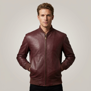 Blouson Bomber Moto Classique pour Homme en Cuir Enduit Bordeaux Imperméable Coupe-Vent avec Col et Poignets Côtelés, Fermeture Éclair Premium, Style Streetwear - Product Image 1