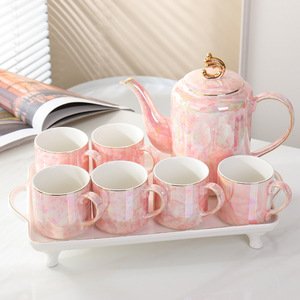 Hand-painted ceramic tea <b>set</b> with aquamarine patterns, gold-rimmed <b>teapot</b> and tea tray, housewarming gift <b>set</b> - Product Image 5