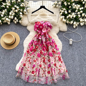 Dress Prom wanita, gaun pakaian 3D bordir bunga setengah panjang untuk wanita Midi tanpa tali sulaman renda - Product Image 6