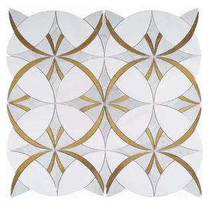 Brass Inlay Carrara Golden Marble Luxury and Pure White Tiles First Stone Online Technical Support Polished Mosaic Tiles 3 Years