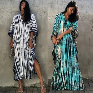 V-neck Short Sleeves Loose Fitting Tie Dye Kaftan Gypsy Rayon Fabric Clothing Woman Natural Adults Cocktail Dresses Modest Dress