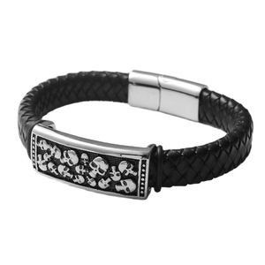 yunnique Titanium Steel Skull Bracelet Black <b>Braided</b> Leather Band Fashion Jewelry for Men Women Unisex <b>Accessory</b> - Product Image 5