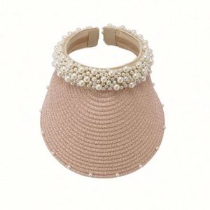 Sombrero de Paja para Mujer, Hecho a Mano, con Perlas, Plegable, Protección Solar, para la Playa - Product Image 1