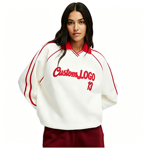 <span class=keywords><strong>Felpa</strong></span> <span class=keywords><strong>Oversize</strong></span> da Donna con Logo Ricamato Personalizzato, Colletto Rosso a Contrasto, Maniche Raglan a Doppia Linea a Righe - Product Image 1