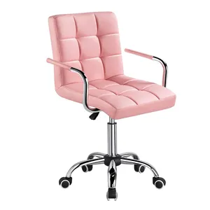 Cadeira de escritório com roda giratória, base de metal cromado com altura ajustável, couro PU rosa para escritório doméstico