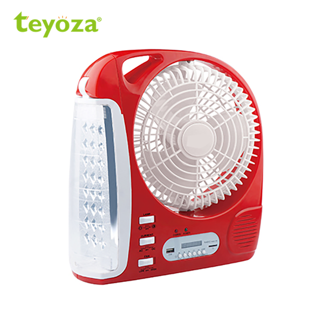 Teyoza 8 Inch Portable Emergency Battery Operated Rechargeable Solar Powered Fan with Led Light and Radio