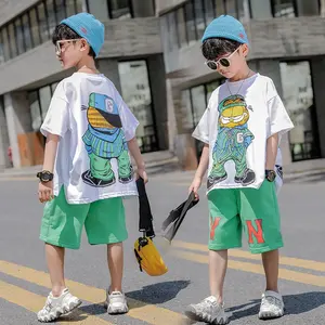 แฟชั่นฤดูร้อนเด็กชายวัยรุ่นสำหรับ4 6 8 10 12 14ปีฮิปฮอปเกาหลีเสื้อยืดลำลองกางเกงขาสั้นชุด2ชิ้นชุดสูทการ์ตูนตลก