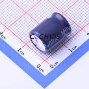 Condensateur électrolytique en aluminium ERR1KM680G13C30T à montage traversant, composant à montage traversant THT, D10xL13mm 68uF 100V 10mm 13mm - Product Image 1