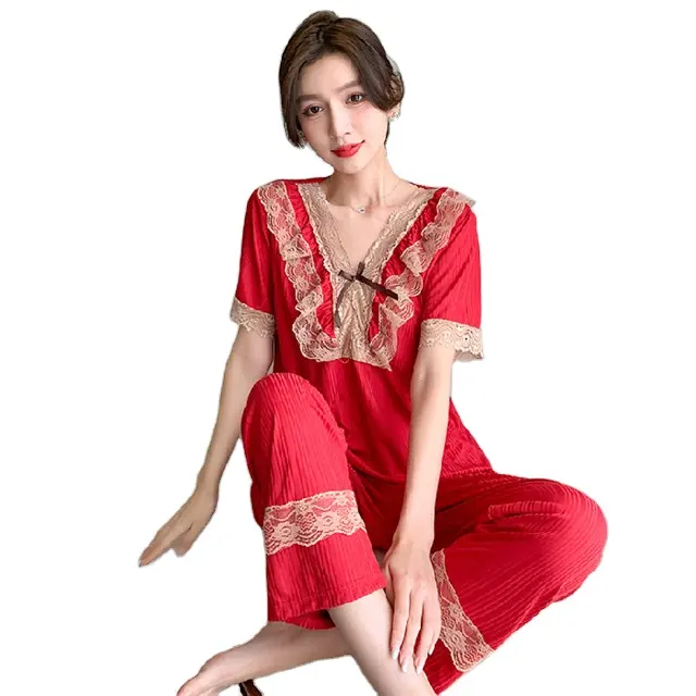 Set Piyama Renda Pakaian Tidur Dua Potong Panjang Celana Lengan Pendek Manis Pakaian Tidur Desain Baru untuk Wanita
