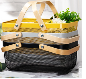 Wooden Iron Storage Basket Metal Mesh Fruit Basket <strong>Bin</strong> with Double Wooden Handle Multi-functional Wrought Iron Wire Kitchen <strong>Stor</strong> - Product Image 2