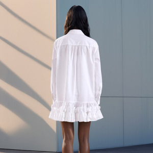 Vestido Camisero Blanco Antiestático de Otoño para Mujer <span class=keywords><strong>con</strong></span> Borde Ondulado, Ajuste Holgado, Abotonadura Sencilla y <span class=keywords><strong>Falda</strong></span> Corta - Product Image 3