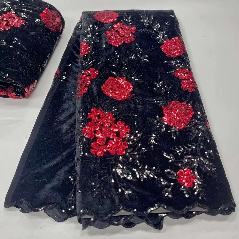 Sinya siyah pullu kadife dantel kumaş işlemeli afrika kırmızı çiçek pullu dantel düğün parti elbise için