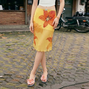 2026 Summer New Floral Print Contrast Color Mesh <b>Patchwork</b> Slim Fit Bodycon Breathable Soft Casual Knee-Length <b>Skirt</b> - Product Image 2