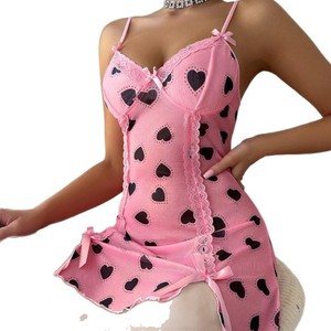Vestido de tirantes con encaje y estampado de corazones rosas, estilo europeo y americano, para comercio transfronterizo, sexy, inocente y erótico. - Product Image 5