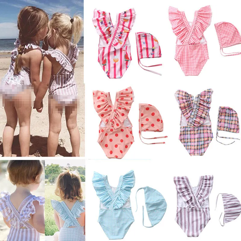 Zomer Nieuw Design Vliegende Mouwen Kids Eendelig Badpak Print Gestreepte Eendelige Babybadmode