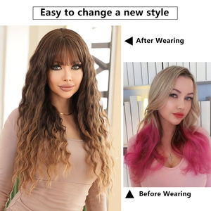 Parrucca a Macchina con Frangia Lunga Ondulata Ombre Marrone <span class=keywords><strong>Chiaro</strong></span> Parrucca Naturale Riccia Sintetica per Donne Peluca Sintetica per Uso Quotidiano - Product Image 5