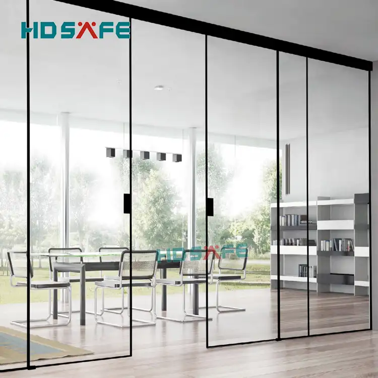 customized tempered glass soft closing black metal narrow frame synchronized sliding door