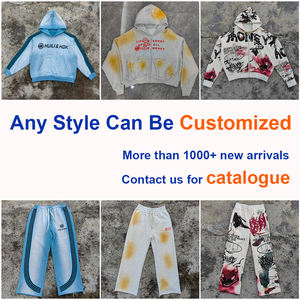 Huili Personalizado Reversa Costura Streetwear Fatos Vintage Acid Wash Angustiado Bordado Flared Sweatpants e Hoodie Set - Product Image 6