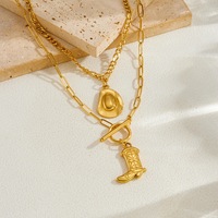 Collier Botte de Cowboy Western en Acier Inoxydable Plaqué Or PVD 18K, Anti-ternissement, Double Chaîne avec Fermoir à Bascule, Pièce Détachée