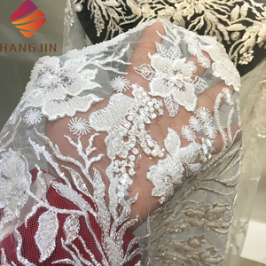 Sang trọng lưới ren váy vải hoa 3D hạt sequin thêu ren ngọc trai beading Trắng Ren Vải đám cưới - Product Image 3