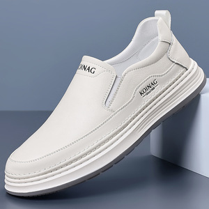 Koinag Men's Casual Leather Slip-On Shoes White <b>Low</b> <b>Heel</b> Soft Sole Loafers For Youth Spring Summer Wear - Product Image 1