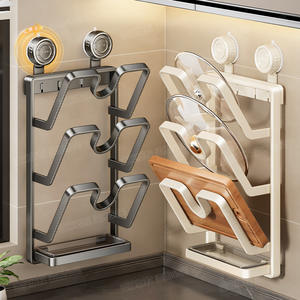 Soporte de pared con ventosa para tapas de ollas con soporte para tablas de cortar, estante de almacenamiento de cocina multicapa, diseño minimalista, fácil limpieza - Product Image 2