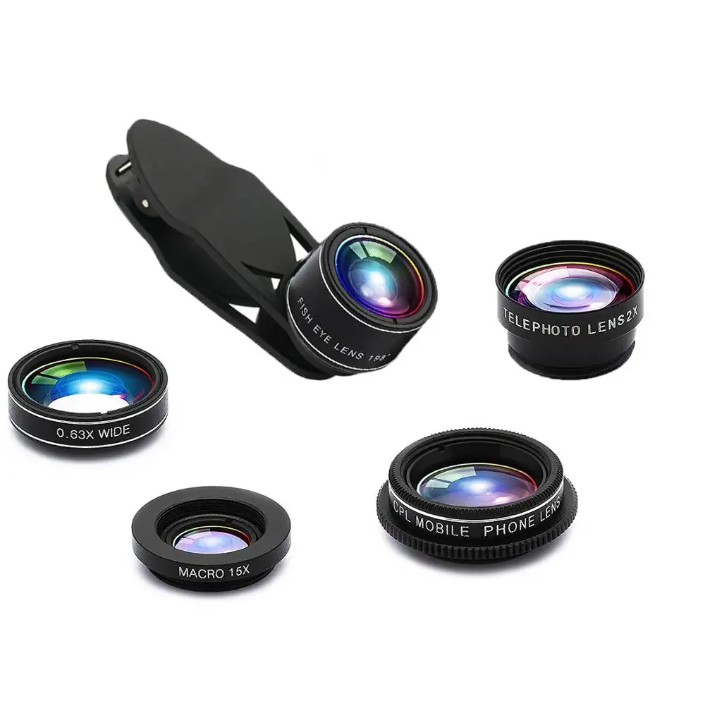 モバイルカメラクリップ5In1レンズキットマクロズーム補助レンズ付き超広角魚眼レンズ