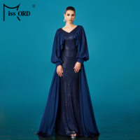 Volants Sirène Bleu Sequin Longue Élégante Modeste Robes De Soirée Robe De Soirée Pour Les Femmes