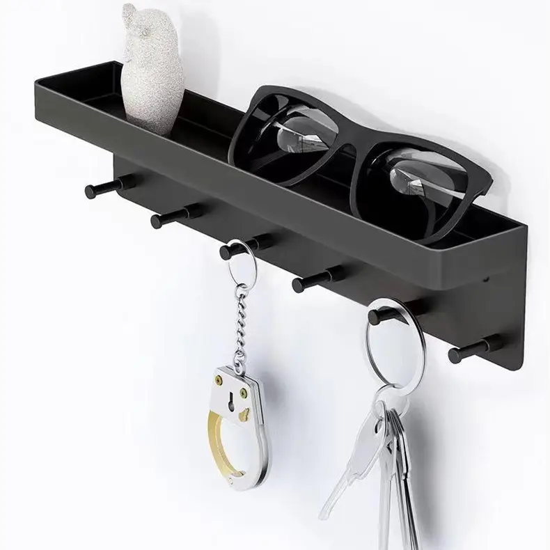 Multifunction Novelty Key Holder for Wall Decorative Mail Organizer and Key Rack with Tray 6 Hooks Black