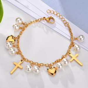 Corazón Cruz encanto pulsera perla chapado en <span class=keywords><strong>oro</strong></span> Acero inoxidable bautismo regalos para bebés niños niñas católico cristiano religioso - Product Image 2