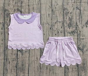 ชุดฤดูร้อนลายสก็อตสีม่วงสำหรับเด็กผู้หญิง GSSO3396 ชุดเสื้อผ้าเด็กแขนสั้นขายส่ง - Product Image 1