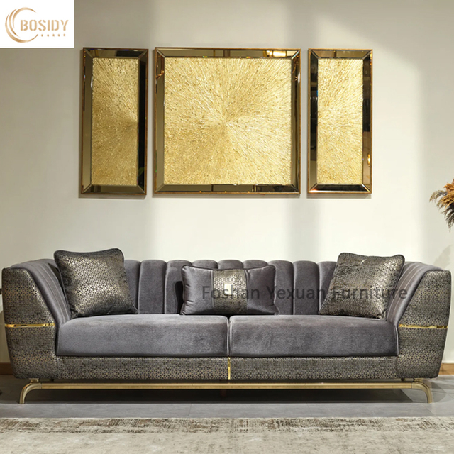 Luxury Turkey Style Modern Living Room Furniture Wooden Frame Velvet Fabric Sofa Set for Home Villa