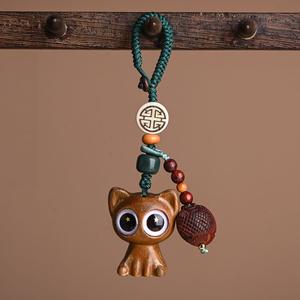 Llavero colgante de madera de sándalo para gato, colgante de cuerda con forma de gato, accesorios para colgar en el coche - Product Image 3