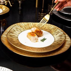 <span class=keywords><strong>Elegante</strong></span> y lujoso plato de cerámica chapado en oro para aperitivos, ensaladas, postres, pastas y pastas para hotel, restaurante o comedor, Platos y platos - Product Image 4