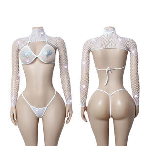 Conjunto de 3 Piezas de Top de Manga Larga Transparente con Pedrería y Cuello Alto Sexy, Bikini con Tanga para Mujer - Product Image 6