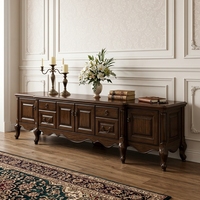 Console multimédia traditionnelle en bois massif, meuble TV en noyer brillant avec portes vitrées et tiroirs pour salon, hôtel