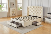 Neues Diamant-Tufted Wingback Samtbett, Cremefarbenes Polsterbett mit Ausziehbaren Rollenden Aufbewahrungsschubladen