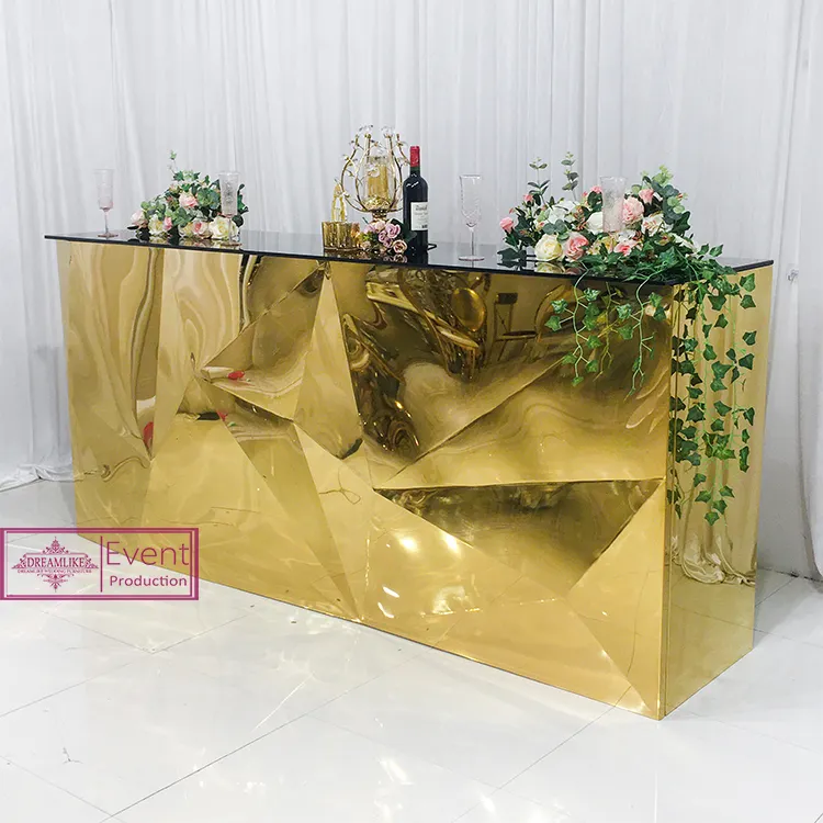 Atacado de luxo design moderno ouro tampo de vidro mesa de bar alta para o casamento do retângulo do aço inoxidável usado