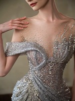 Nouvelle Robe de Soirée Sirène Argentée Scintillante 2026, Épaule Dénudée, Broderie Perlée à la Main, Tulle Transparent, Robe de Cérémonie de Mariage avec Traîne