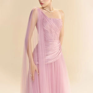 فستان سهرة راقي للنساء من ZYHT بكتف واحد لون وردي من التل مع جسم راقي وتفاصيل الرأس - Product Image 5