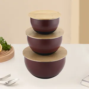 Mangkuk aduk Salad logam kualitas tinggi tutup bambu baja tahan karat OEM ODM mangkuk makanan untuk penyimpanan makanan