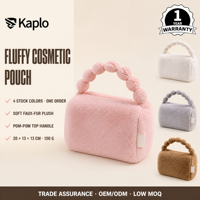 Pochette Cosmétique Douillette en Fausse Fourrure à Poils Longs avec Poignée Pompon, Sac de Maquillage en Peluche à Fermeture Éclair Large et Grande Capacité pour Voyage et Articles de Toilette