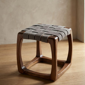 Modern Eco-Friendly Solid Teak Wood Handmade <b>Storage</b> Foot <b>Stool</b> with Woven Leather Seat for Bedroom & Hotel Use - Product Image 1