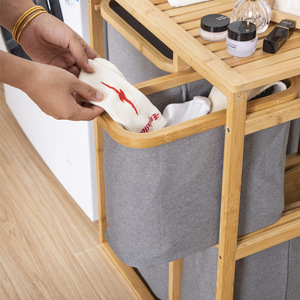 Japanese Style Solid Wood Laundry <b>Basket</b> Grey Oxford Cloth Floor Standing Storage <b>Shelf</b> Bathroom Clothing Organizer Multi Layer - Product Image 3