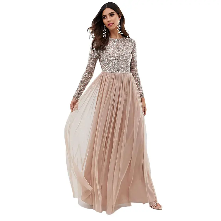 Taupe blush long sleeve maxi tulle sequin bridesmaid dresses long