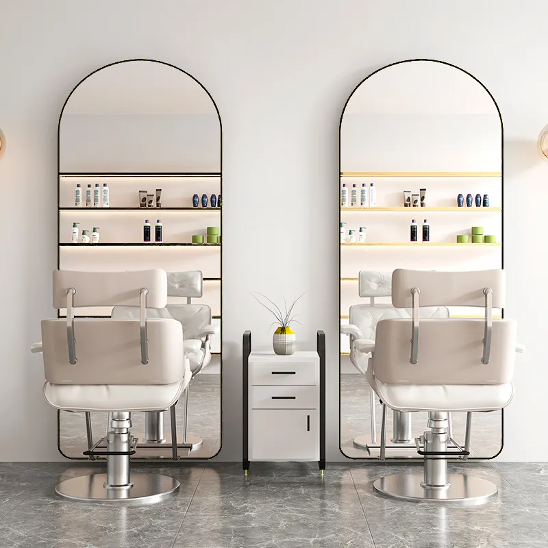 Schönheit Haar bogen Salon Möbel Friseur Spiegel Salon Spiegel mit Lichtern Stationen Friseur Styling Station Make-up Spiegel