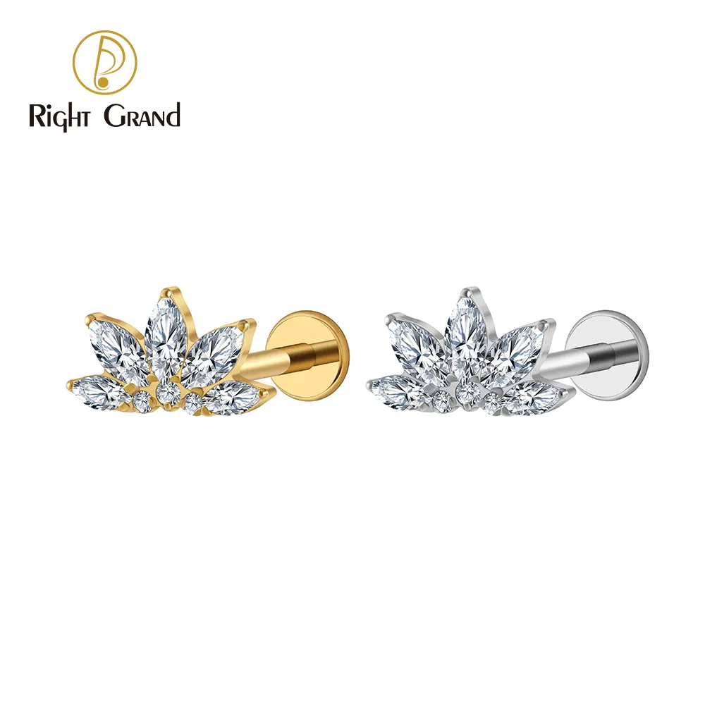 Brinco de piercing de concha de cartilagem hélice tragus para labreto traseiro direito grande ASTM F136 Titanium 16G Marquise CZ flor